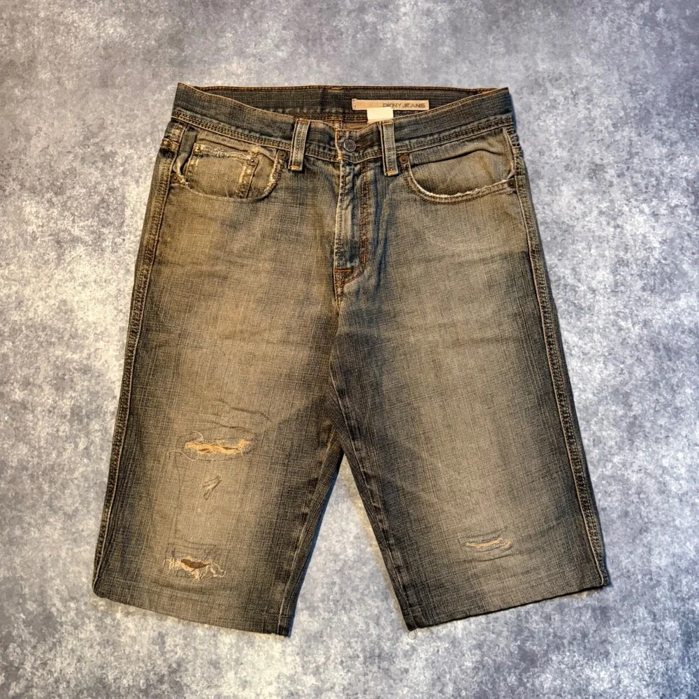 DKNY Mens Distressed Denim Shorts Gray Long Length Size 31 Y2K Streetwear Baggy